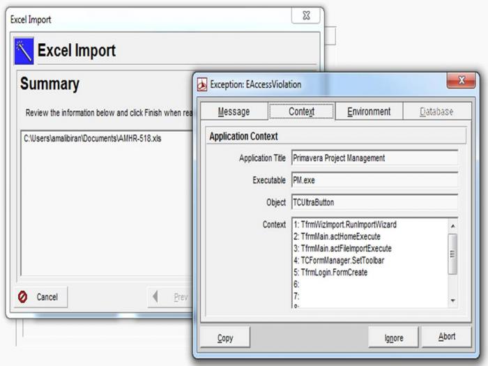 Primavera is showing PC is out of memory when importing from excel -  Planning Engineer Est.